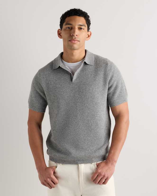 Heather Grey Mongolian Cashmere Waffle Short Sleeve Polo Sweater