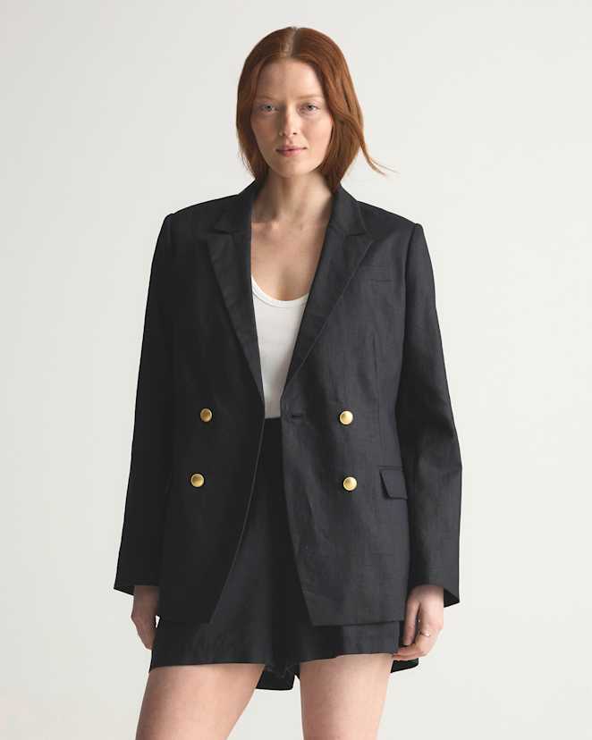 Black 100% European Linen Relaxed Double-Breasted Blazer