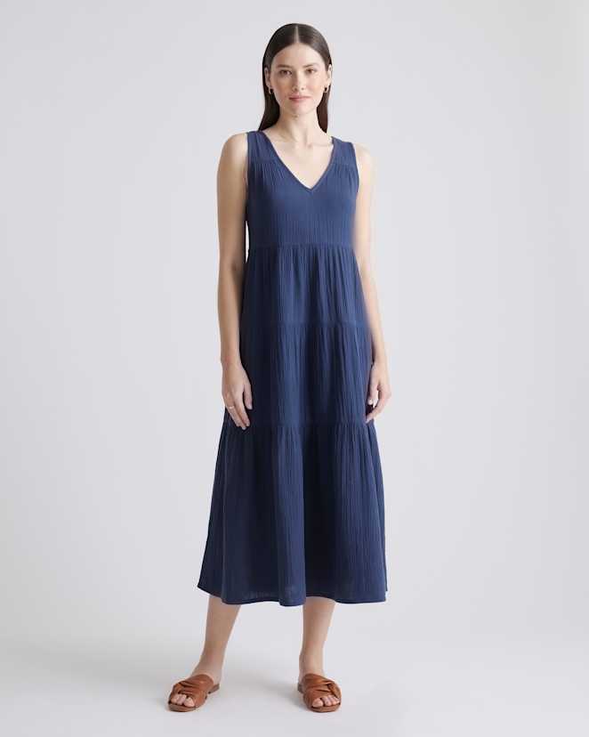 Indigo Blue 100% Organic Cotton Gauze Tiered Maxi Dress