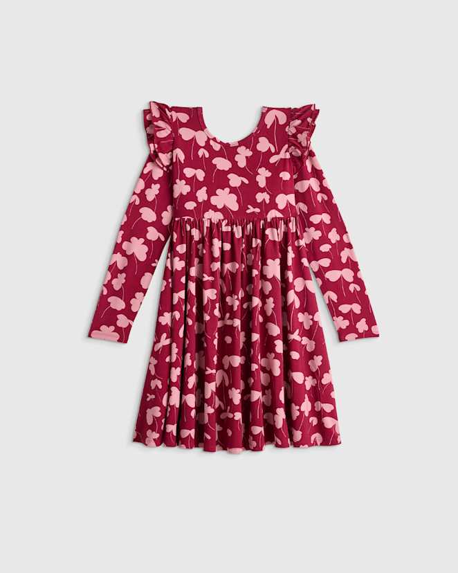 Burgundy Clovers Bamboo Long Sleeve Flutter Twirl Dress