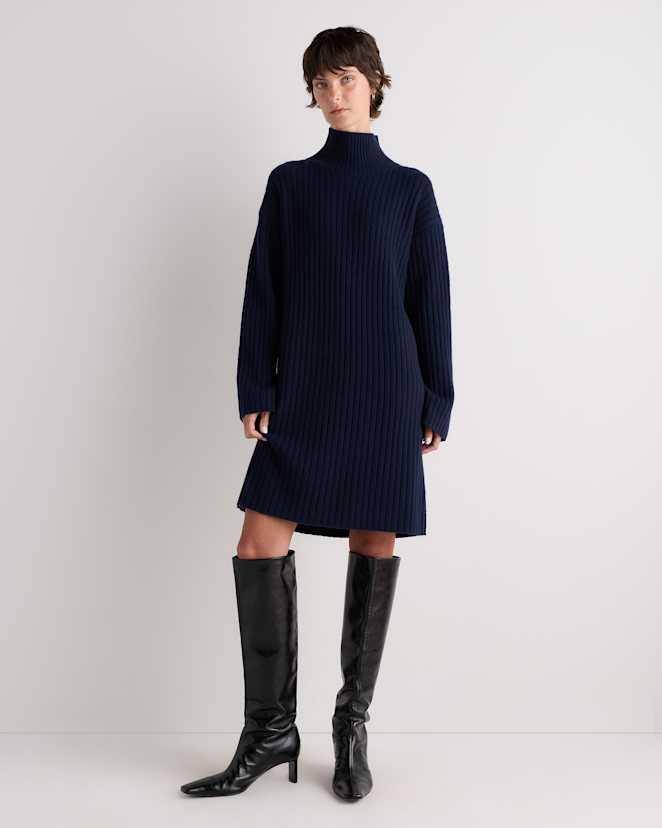 True Navy Mongolian Cashmere Ribbed Turtleneck Mini Dress