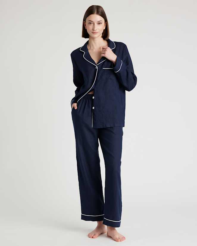 Deep Navy 100% European Linen Long Sleeve Pajama Set with Piping