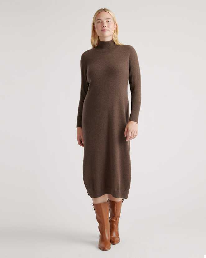 Brown Mongolian Cashmere Turtleneck Midi Sweater Dress