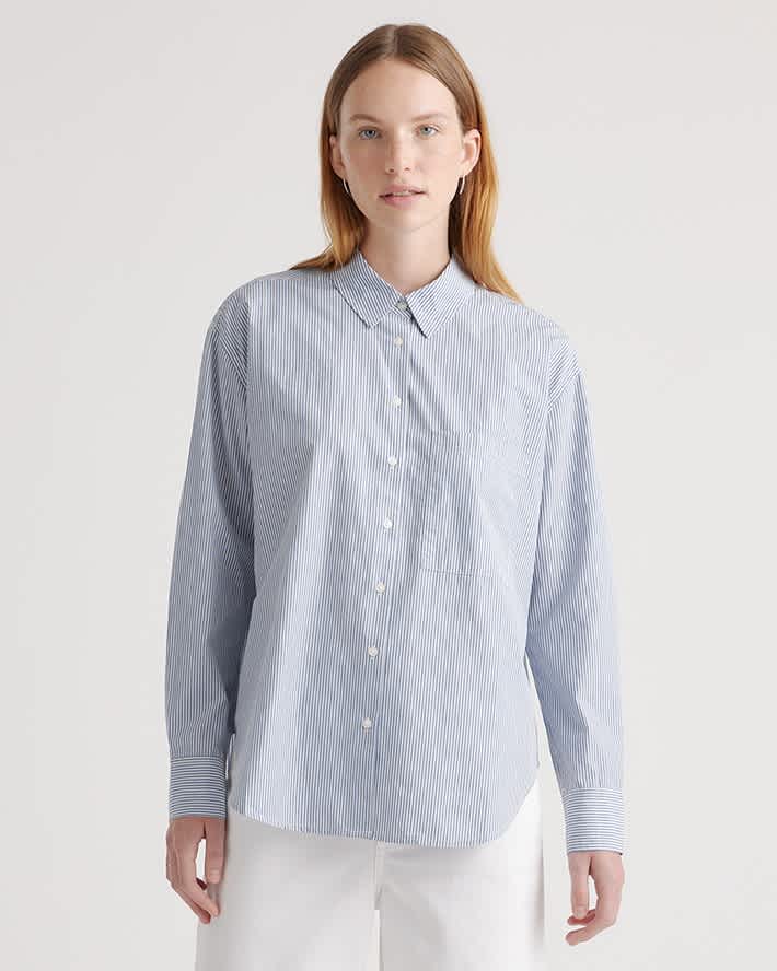 light-blue-stripe 100% Organic Cotton Poplin Long Sleeve Boyfriend Shirt