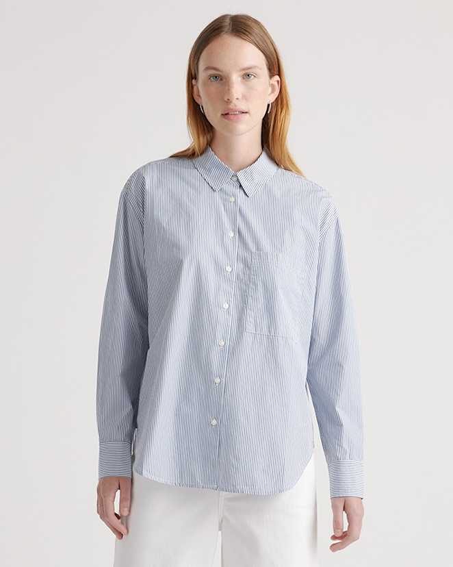 Light Blue Stripe 100% Organic Cotton Poplin Long Sleeve Boyfriend Shirt