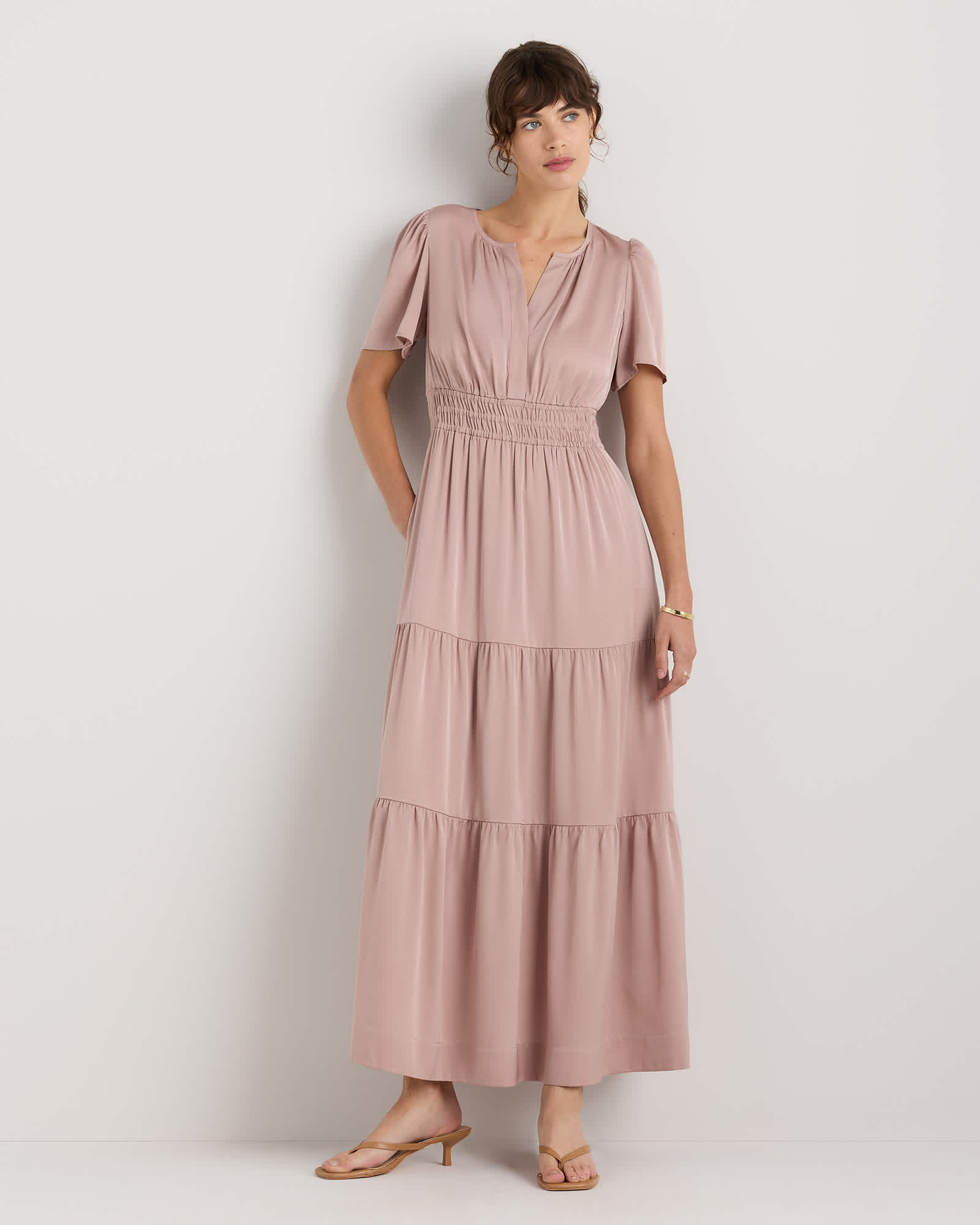 Vintage Pink Washable Stretch Silk Tiered Maxi Dress