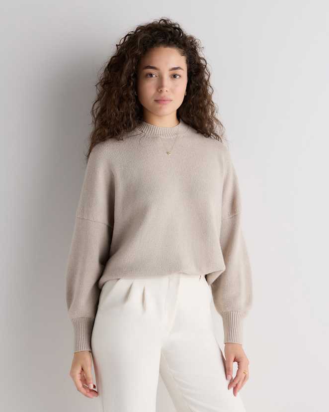 Heather Cloud Beige 100% Mongolian Cashmere Slouchy Blouson Sleeve Crewneck