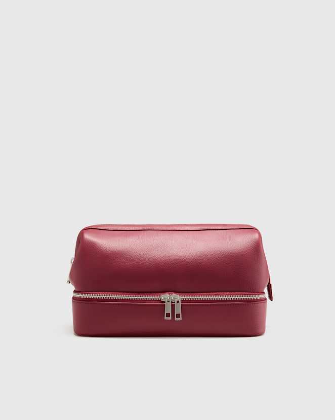 Garnet Red Italian Leather Dual Compartment Toiletry Bag