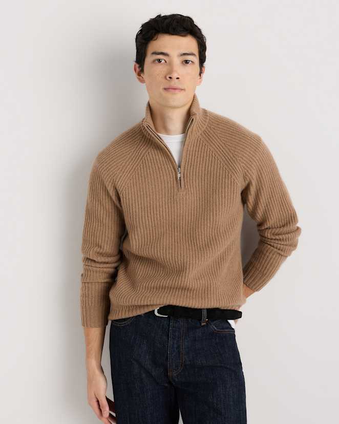 Teak Mongolian Cashmere Fisherman Quarter Zip Sweater