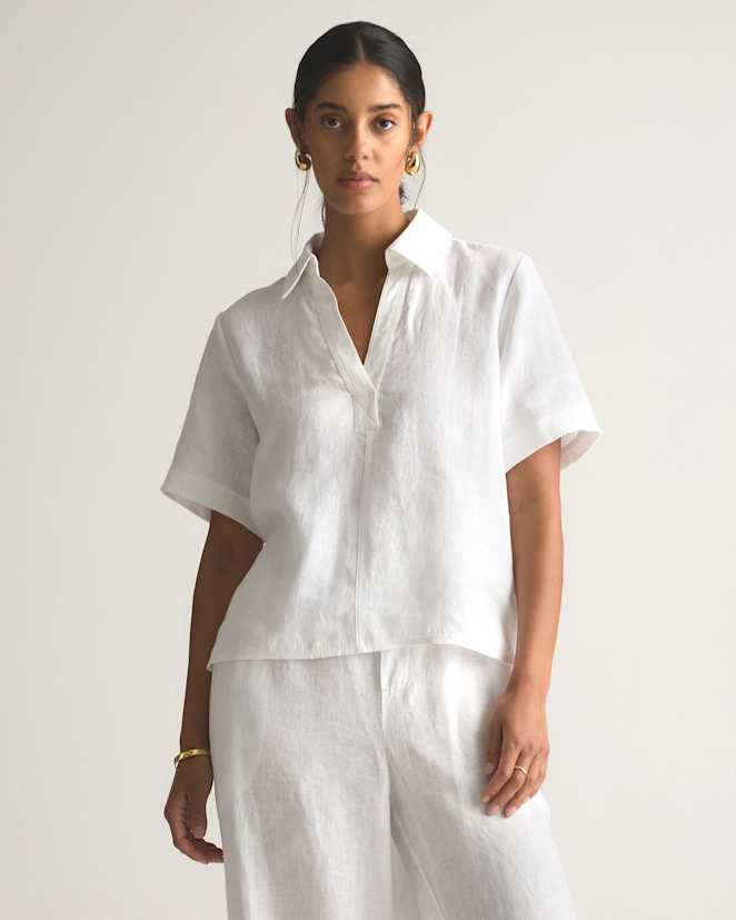 White 100% European Linen Short Sleeve Popover Top