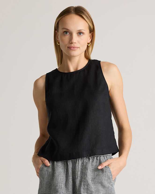 Black 100% European Linen Cropped Tank
