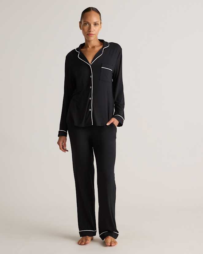 True Black Bamboo Jersey Long Sleeve Pajama Set