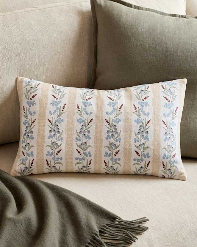 Tan Stripe Wildflower Cotton Pillow Cover
