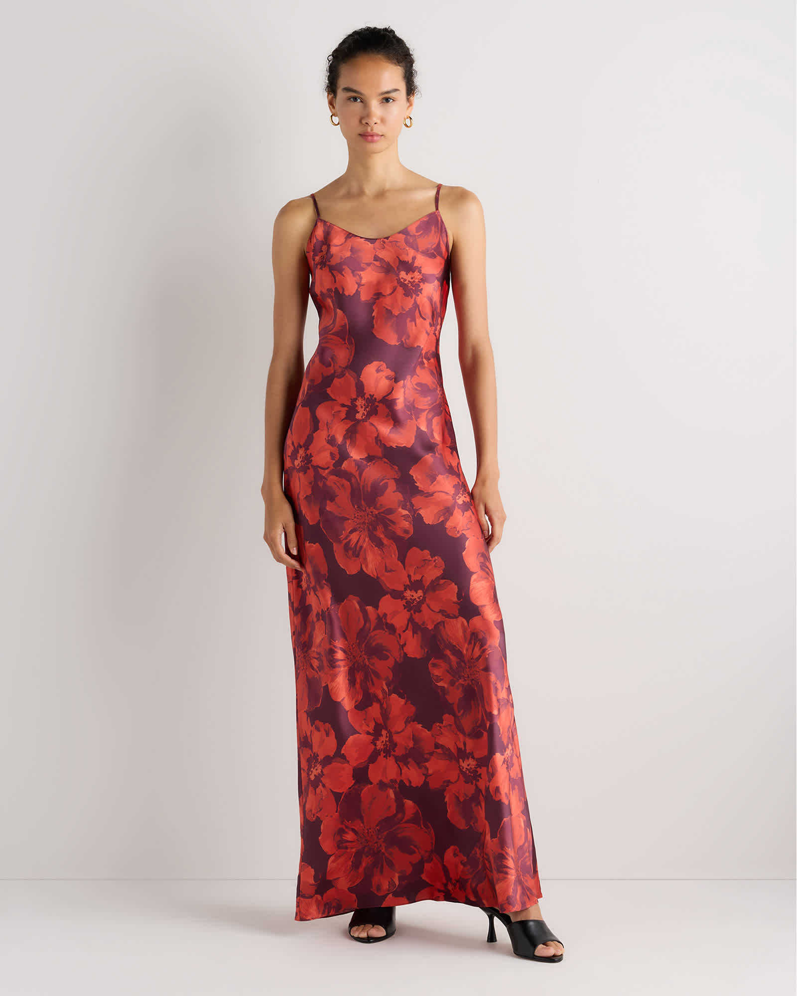 Cordovan Red Hibiscus 100% Washable Silk Maxi Slip Dress