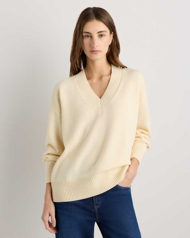 Pale Custard Yellow Mongolian Cashmere Oversized V-Neck Sweater