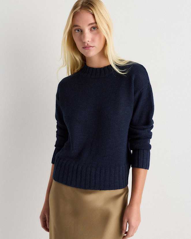 Deep Navy Cotton Linen Relaxed Crew Sweater