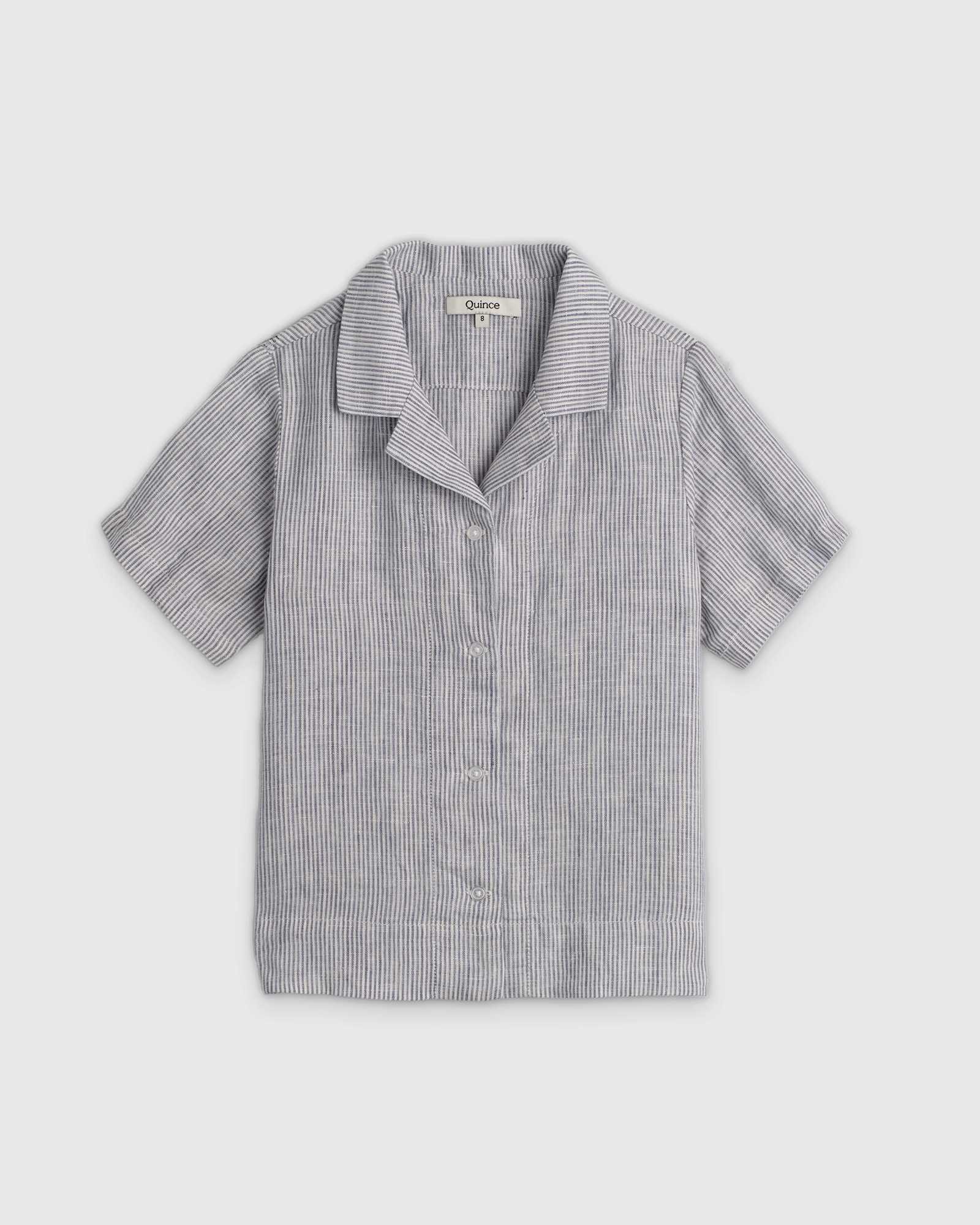 blue-pinstripe 100% European Linen Short Sleeve Camp Shirt