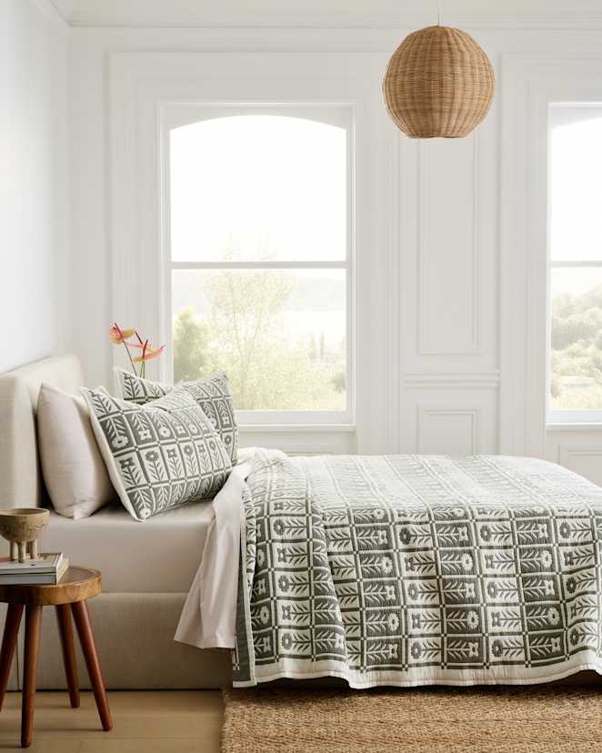 Dried Sage Organic Cotton Jacquard Floral Coverlet