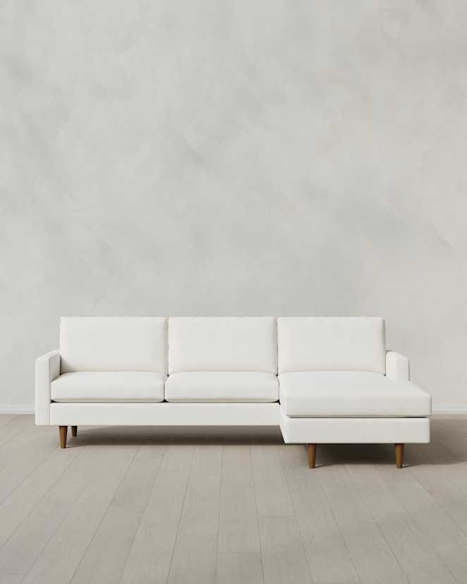 Marshmallow Atlas Midcentury Chaise Sectional in Performance Chenille Linen Blend