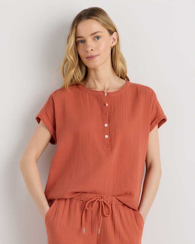 Spiced Orange 100% Organic Cotton Gauze Roll Sleeve Shirt