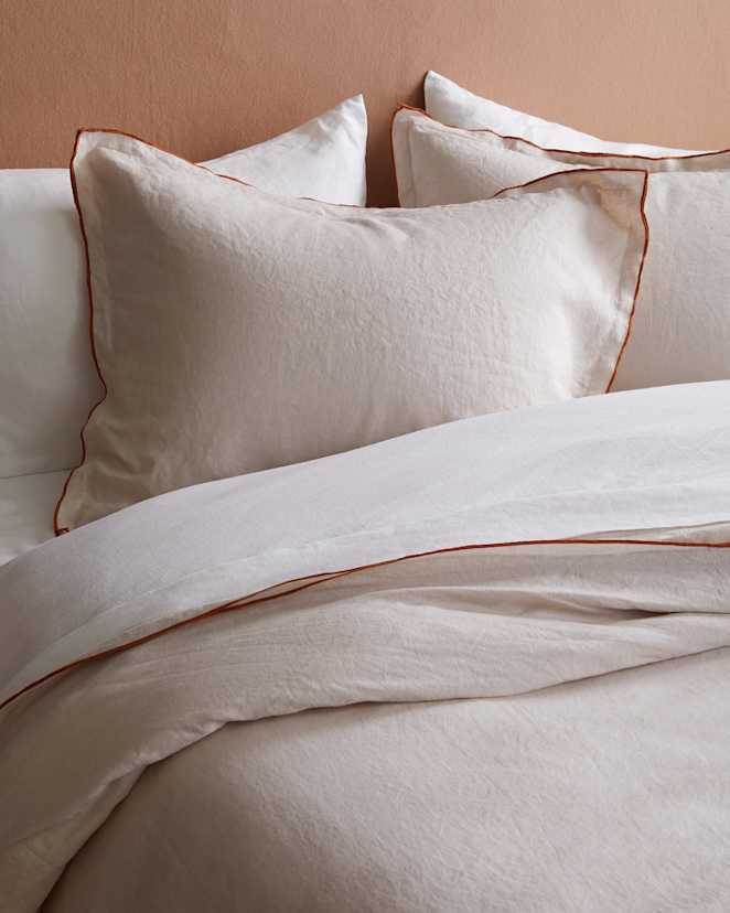 Sand with Terracotta Embroidery European Linen Double Embroidered Edge Sham Set