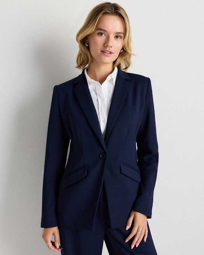 Navy Stretch Crepe Cinched Waist Blazer
