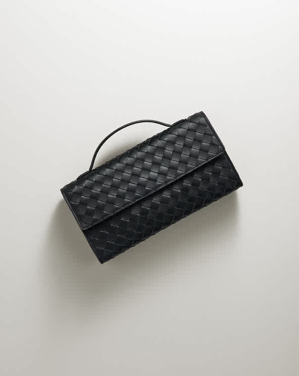 Black Italian Leather Handwoven Top Handle Clutch