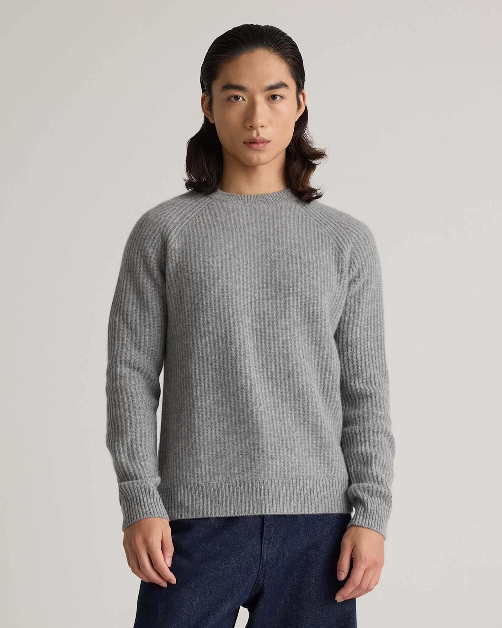 heather-grey Mongolian Cashmere Fisherman Crewneck Sweater