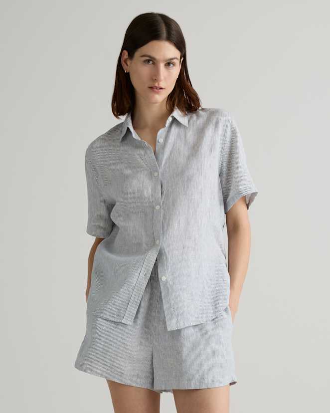 Blue Pinstripe 100% European Linen Shorts Pajama Set