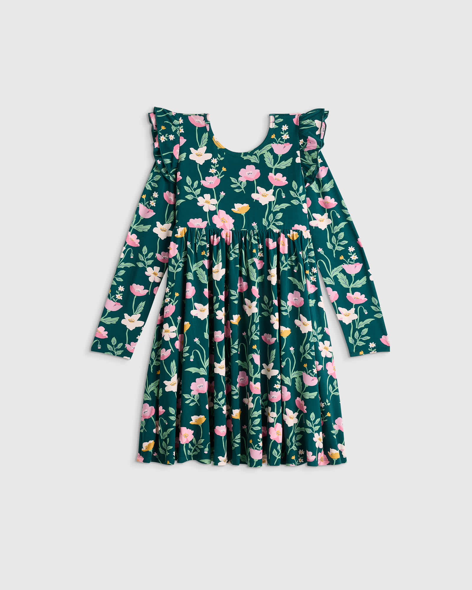 Green Poppy Garden Bamboo Long Sleeve Flutter Twirl Dress