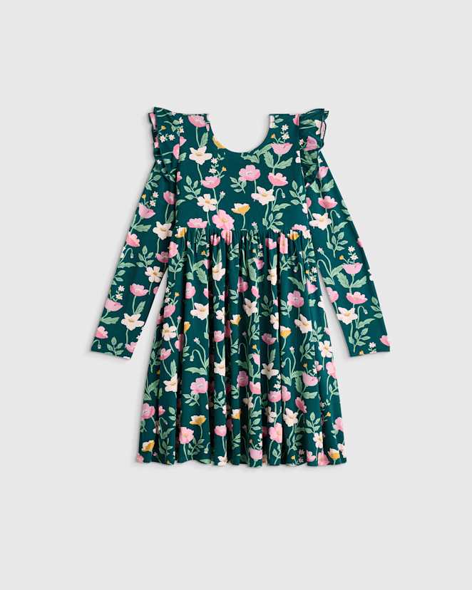 Green Poppy Garden Bamboo Long Sleeve Flutter Twirl Dress
