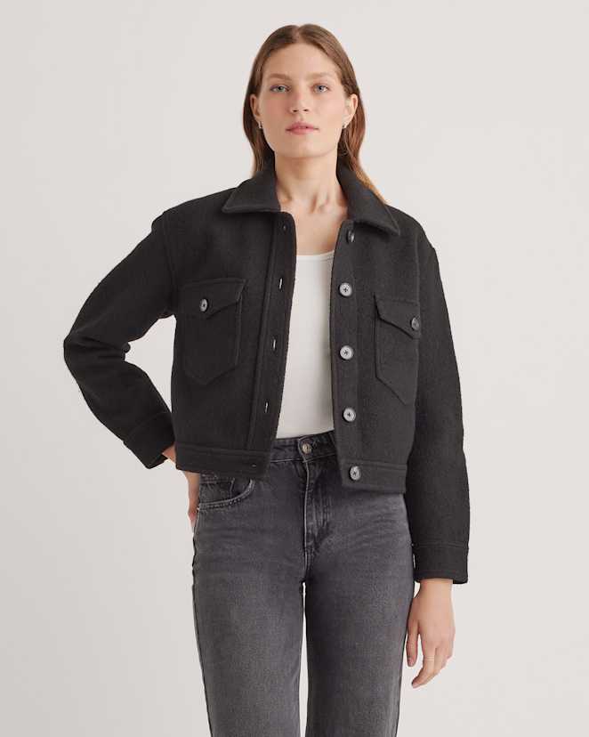 Black 100% Merino Wool Cropped Shirt Jacket