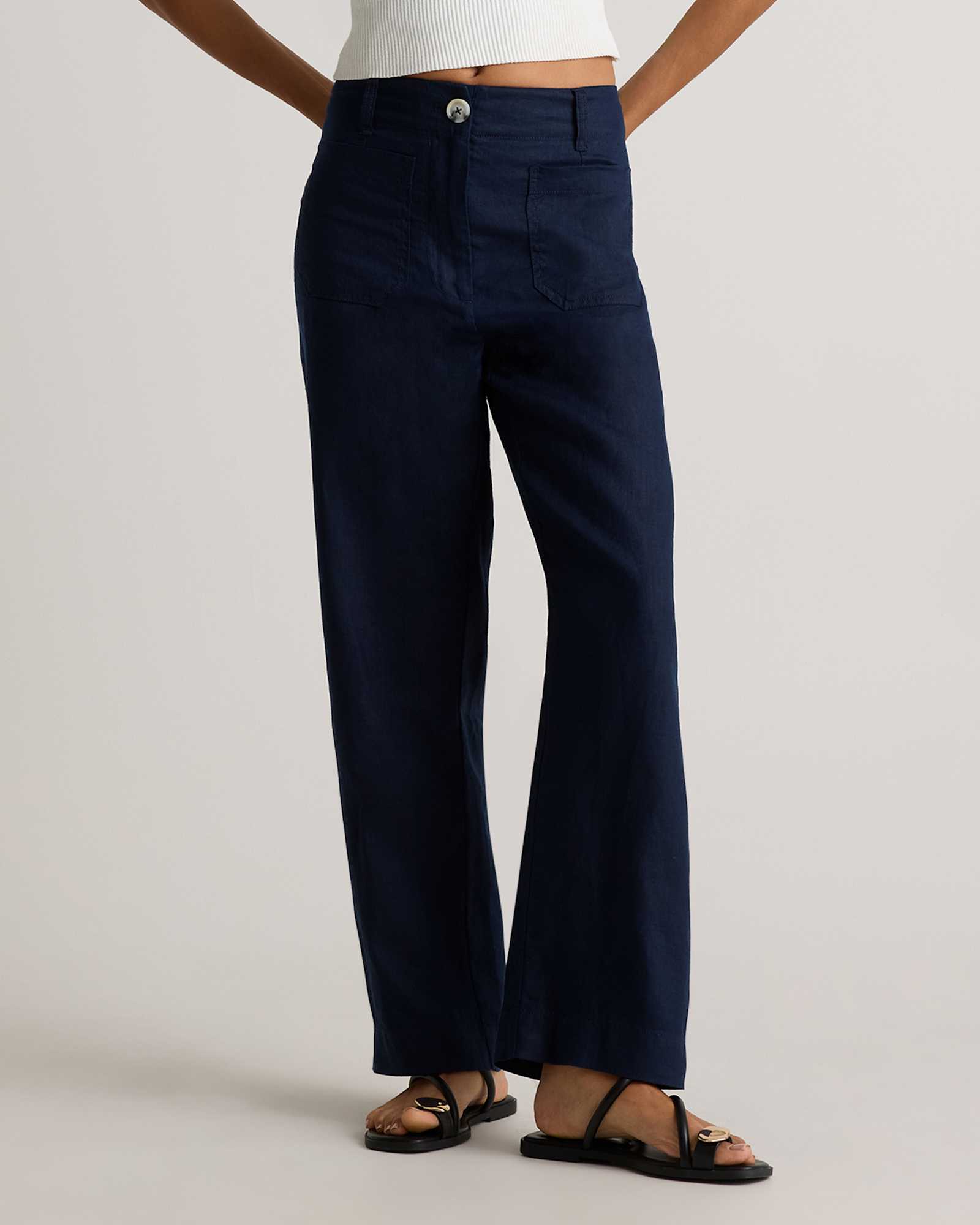deep-navy 100% European Linen Patch Pocket Wide Leg Pants