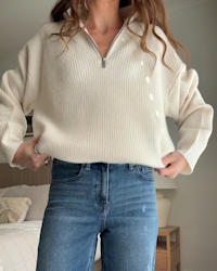 Mongolian Cashmere Fisherman Quarter Zip Sweater Multi Victoria Schneider, Monette Moio, Jamie-Lee Burns 4x5