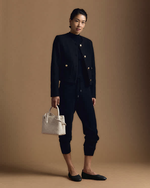 Black 100% Merino Wool Collarless Cropped Jacket