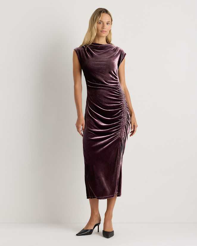 Wine Tasting Red Stretch Silk Velvet Ruched Midi Dress