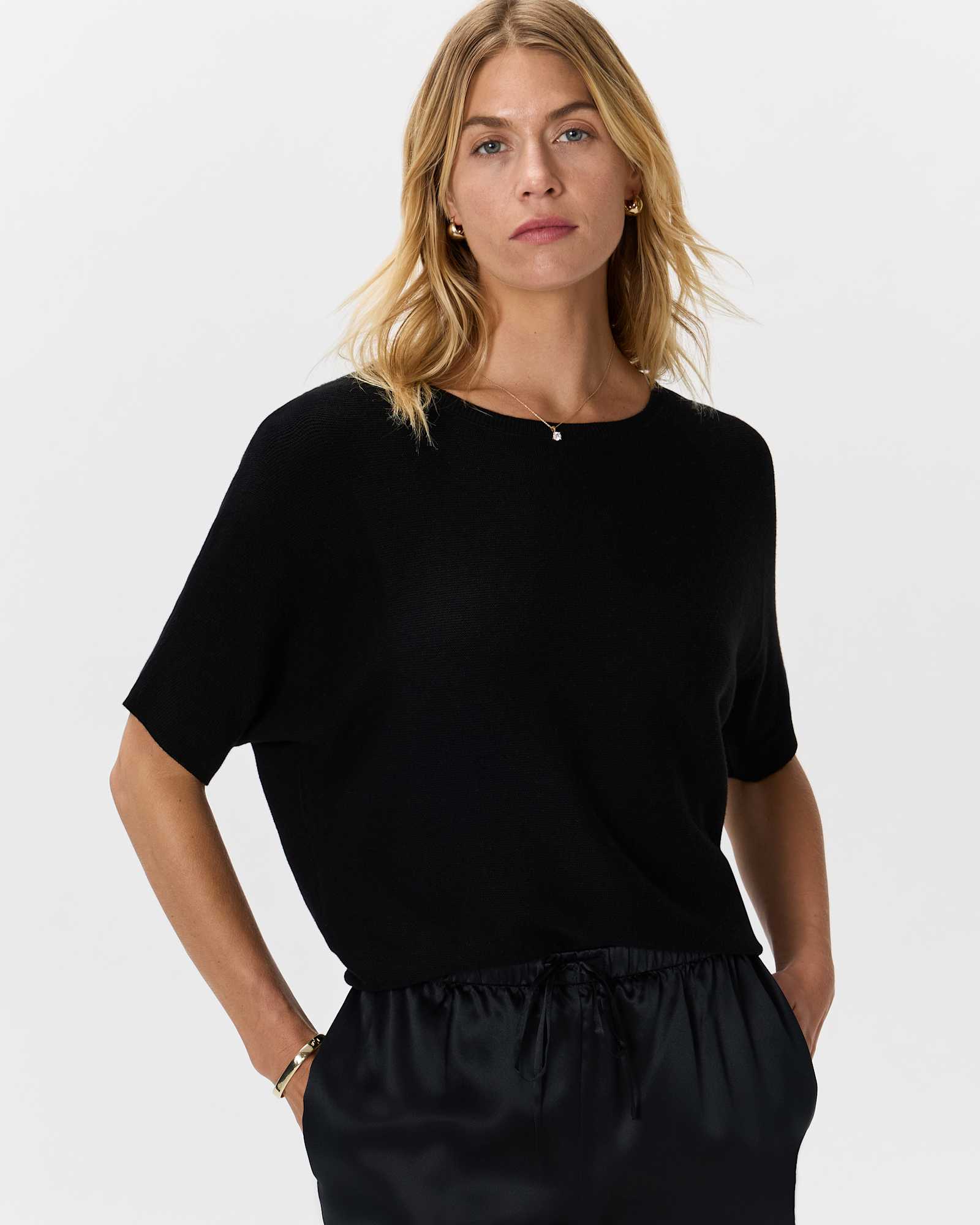 Black Lightweight Cotton Cashmere Link-Stitch Dolman Sweater