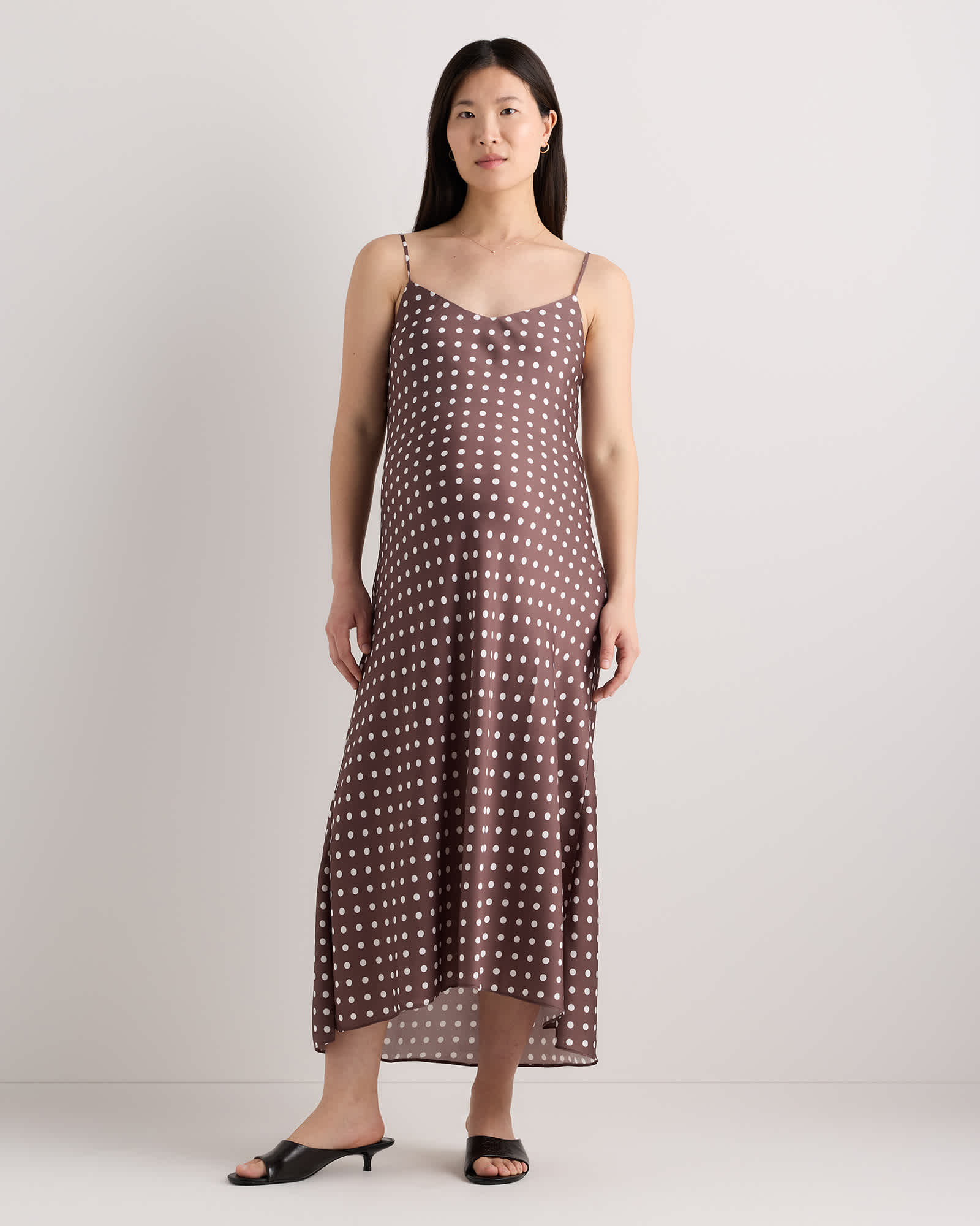 mocha-midi-dot Washable Stretch Silk Maternity Slip Dress