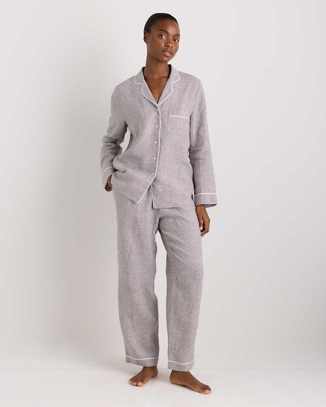 Taupe Brown Gingham 100% European Linen Long Sleeve Pajama Set with Piping