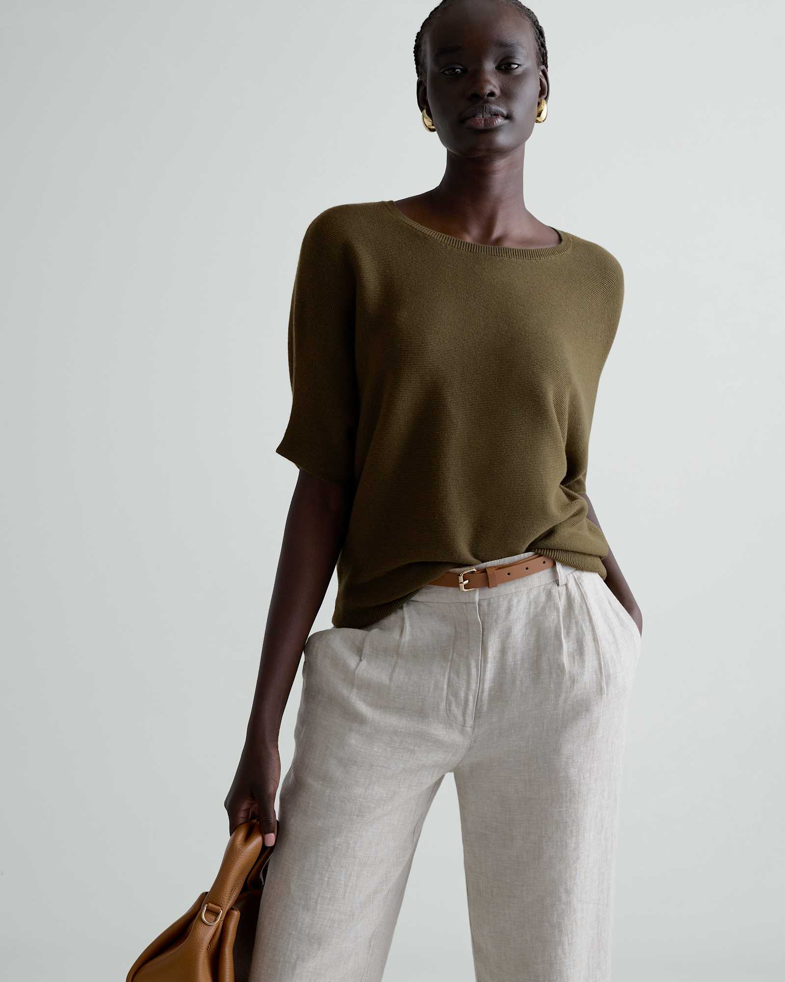 Olive Lightweight Cotton Cashmere Link-Stitch Dolman Sweater
