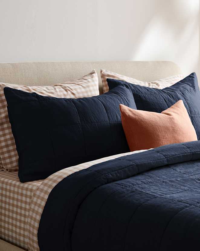 Navy Lightweight European Linen Box Quilted Sham Set