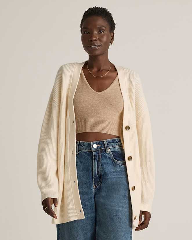 Ivory Mongolian Cashmere Oversized Boyfriend Cardigan Sweater