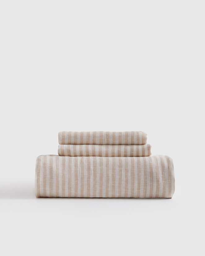 Natural/White Stripe European Linen Stripe Fitted Sheet Set