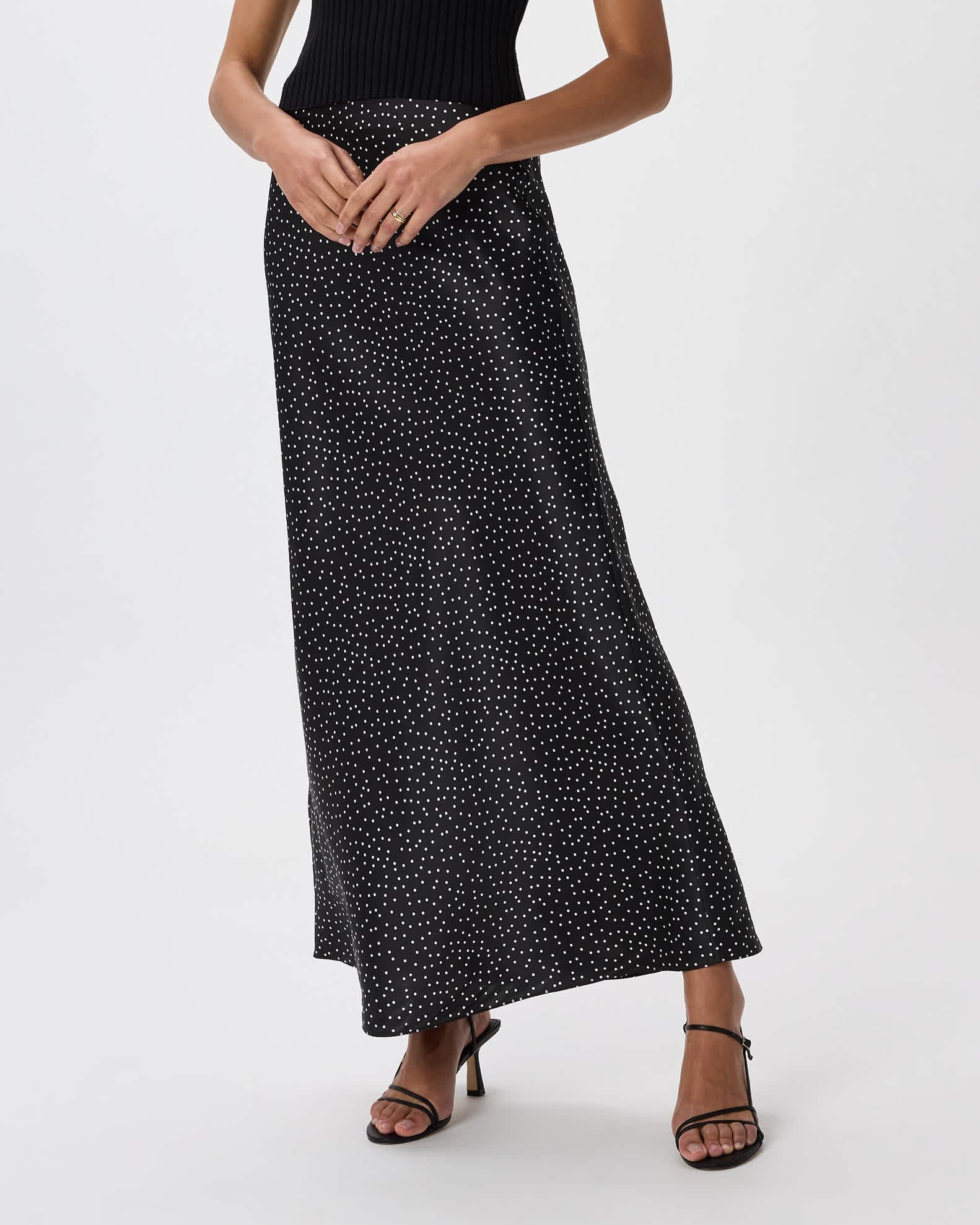 tiny-dot-black/-white 100% Washable Silk Maxi Skirt