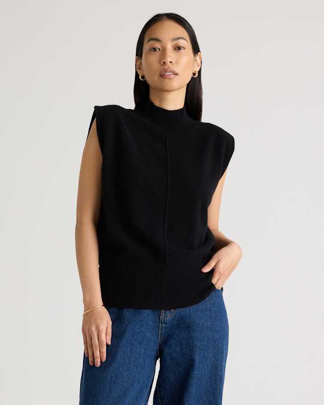 Black Mongolian Cashmere Padded-Shoulder Sweater Tank