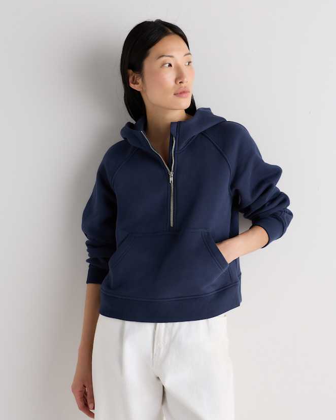 Washed Deep Navy Everyday Fleece Cropped Half Zip Hoodie
