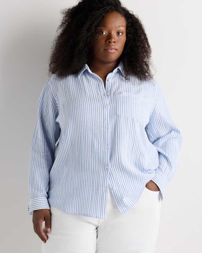 Bayside Stripe Blue/White 100% Organic Cotton Gauze Long Sleeve Shirt