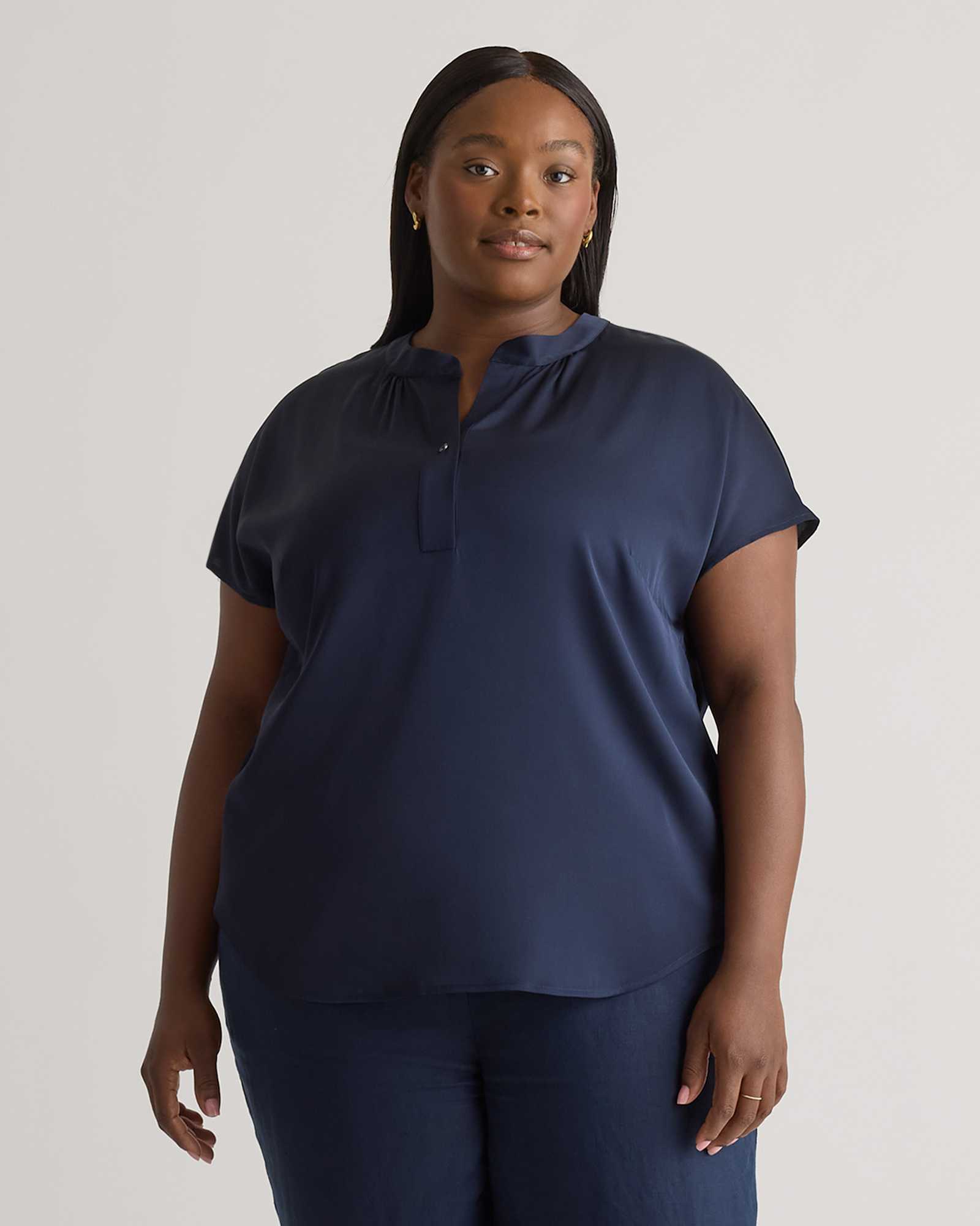 Navy Washable Stretch Silk Dolman Sleeve Blouse