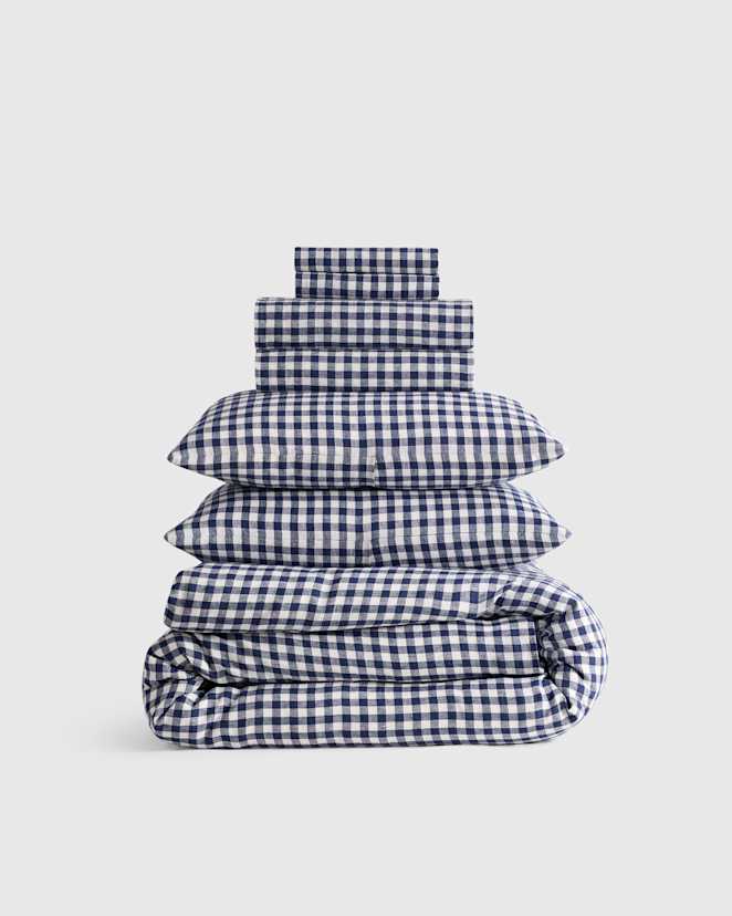 Navy Gingham European Linen Deluxe Bedding Bundle