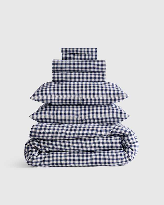 Navy Gingham European Linen Deluxe Bedding Bundle
